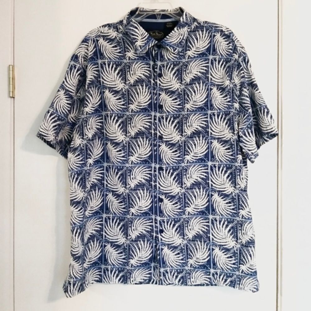 Nat Nast Blue & White Palm Patterned Hawaiian Shirt